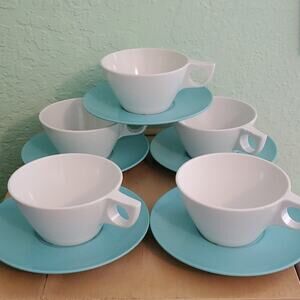 10 piece Texas Ware cup & saucers  aqua & white